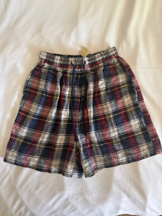 Express Pants - Express Plaid Cotton Lounge Shorts in Navy, Red, White, and Cream - Small